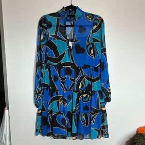 Forever‎ Unique NEW Vivian dress blue geo ruffle tier long sleeve high neck US 4